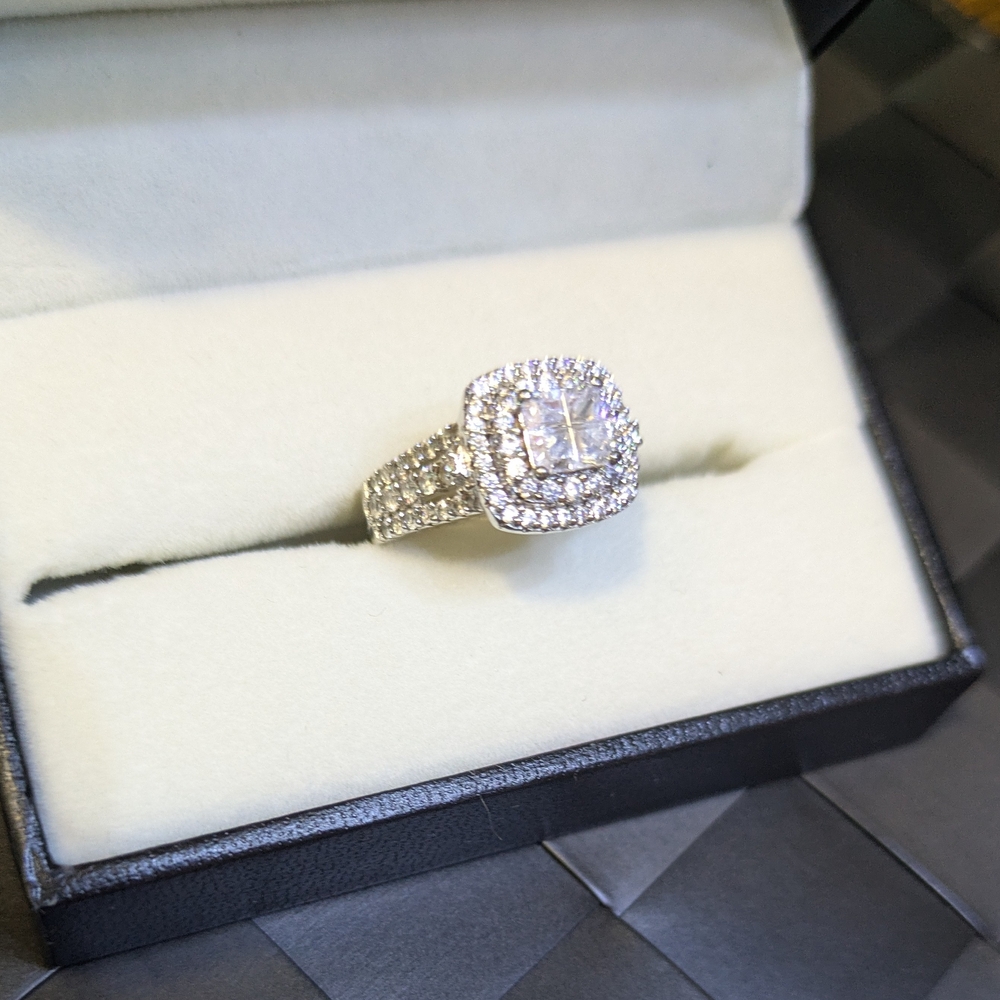 925 Silver Moissanite Double Halo Engagement Ring - Princess Cross Bridal Size 5